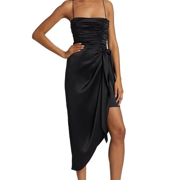 Wayf Dresses & Skirts - WAYF “Delaney” Asymmetric Satin Midi Dress with Ruched Bodice in Black – Size Me